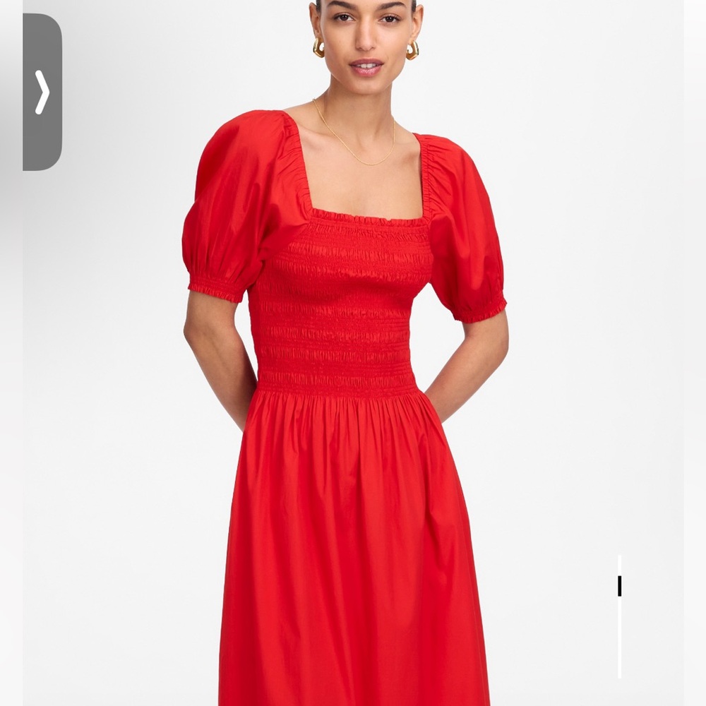 Madewell Red Puff-Sleeve Smocked Midi Dress